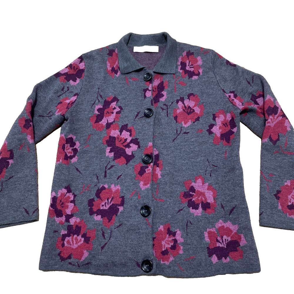 Camela Merino Wool Button Collar Cardigan Women 40 Gray Red Rose Floral Romantic